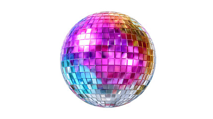 Obraz premium Mirror Ball of Celebration: A dazzling disco ball, radiating a spectrum of colors, hanging in space. The ball's mirrored surface reflects a vibrant display of light and energy.