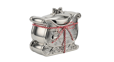 Gift - Silver Christmas sleigh figurine wrapped with red and white twine on white background, perfect for holiday decor