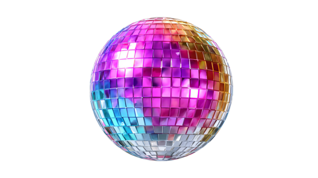 Mirror Ball of Celebration: A dazzling disco ball, radiating a spectrum of colors, hanging in space. The ball's mirrored surface reflects a vibrant display of light and energy.