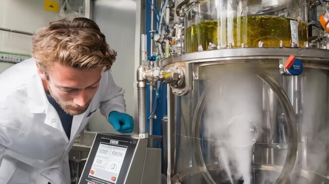 Engineer monitors chemical reactions in bioreactor developing new compostable materials aimed at replacing conventional plastics in various industrial applications.