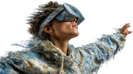Immersive Reality: A person wearing a virtual reality headset, exploring a new digital frontier. the image showing future innovation. 
