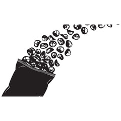 Coffee beans spilling out of a black sack in a stylized illustration