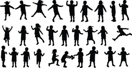 Silhouette of multiple children playing, dancing, running, jumping, and interacting, fun childhood activity, friendship, motion, happiness, outdoor energy, joy, teamwork