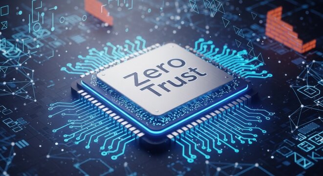 A computer chip with the text 'Zero Trust' on it, set against a digital background with circuitry and data connections. - Powered by Adobe
