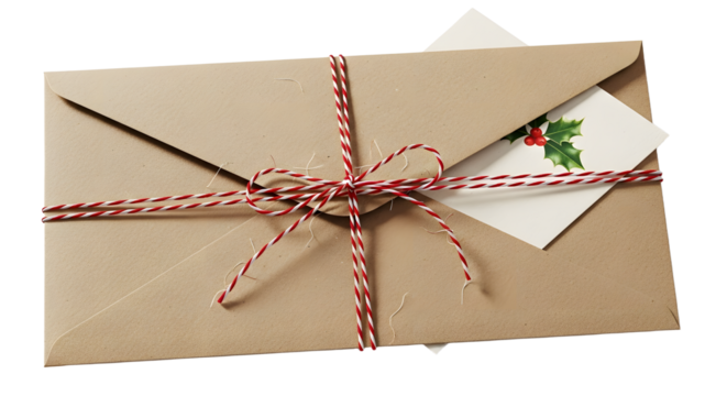 Gift - Wrapped gift envelope with red and white string and festive holly tag, perfect for Christmas and holiday celebrations