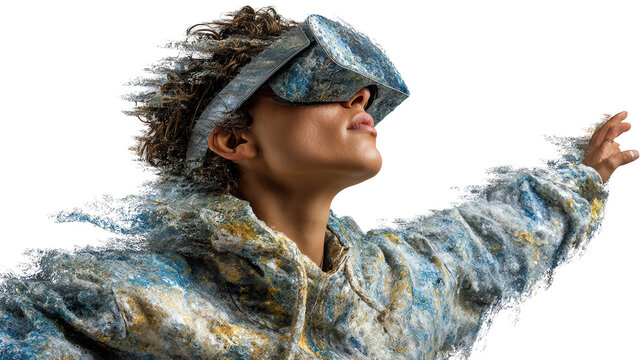 Immersive Reality: A person wearing a virtual reality headset, exploring a new digital frontier. the image showing future innovation. 