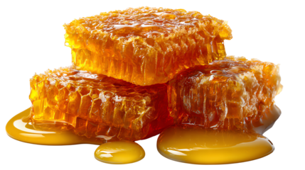 Golden Honeycomb: An appetizing shot of golden honeycomb dripping with sweet honey, revealing the natural, delicious product of bees.