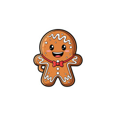 A cute kawaii gingerbread man cookie character smiling happily, decorated with white icing and a festive red polka dot bow tie.