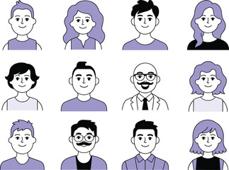 Diverse cartoon avatars collection, professional male and female profile icons, minimalist flat design, business team illustration, vector portrait characters, diversity concept