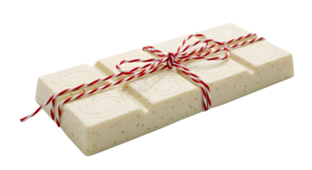 Gift - White chocolate bar with red and white striped string tied in a bow, isolated on black background, perfect for gift presentations and festive celebrations