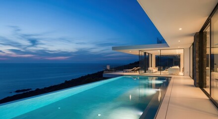 Fototapeta premium Panoramic view of a contemporary luxury villa with an infinity pool and ocean vista at twilight