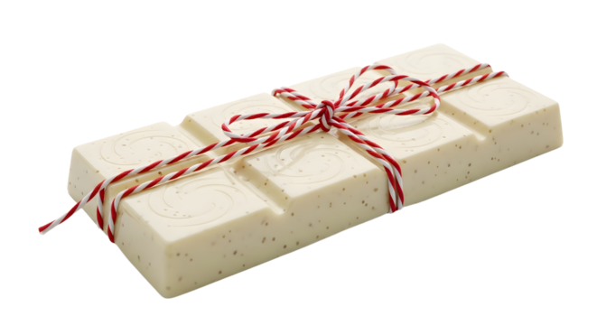 Gift - White chocolate bar with red and white striped string tied in a bow, isolated on black background, perfect for gift presentations and festive celebrations - Powered by Adobe