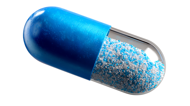 Blue Capsule in Close-up: A singular blue capsule showcases the meticulous detail of the pharmaceutical world, with its translucent shell and vibrant blue hue.