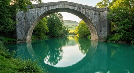 Ancient stone arch bridge spans over vivid turquoise water surrounded by lush green foliage.