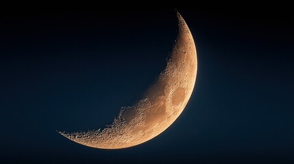 Crescent moon glows against a dark blue sky.
