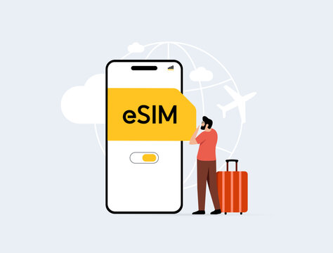 Travel eSIM technology - global connectivity without physical SIM cards. Travel e-sim enabling easy activation, flexible data plans, reliable internet access for travelers worldwide illustration.