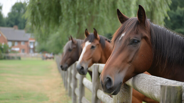 Horses resting on fence in rural pasture