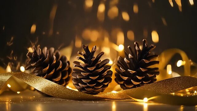 Pine Cones and Golden Ribbon with Festive Lights