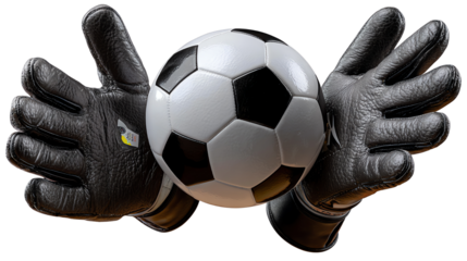 Soccer Ball in Goalkeeper's Gloves: A close-up shot showcasing the game of soccer, a soccer ball centered, cradled gently within the secure grip of black goalkeeper gloves, ready for action.