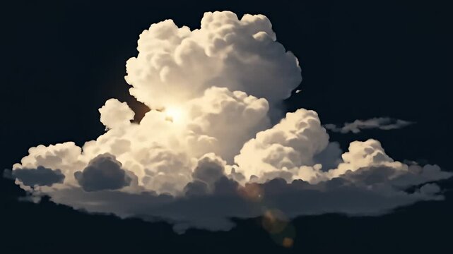 A large, fluffy, cumulus cloud illuminated by sun shines against a dark sky
