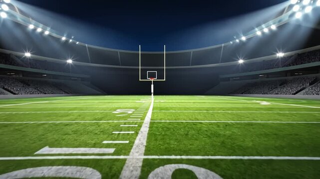 American Football Stadium Field with Goalposts and Brightly Lit Floodlights at Night sport Ultra Realistic Cinematic Stock Footage  4K UHD Professional Royalty Free Video
