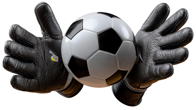 Soccer Ball in Goalkeeper's Gloves: A close-up shot showcasing the game of soccer, a soccer ball centered, cradled gently within the secure grip of black goalkeeper gloves, ready for action. - Powered by Adobe