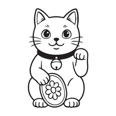 A minimalist black and white vector of a Chinese fortune cat statue, reflecting prosperity, happiness, and cultural grace through refined traditional artistry.