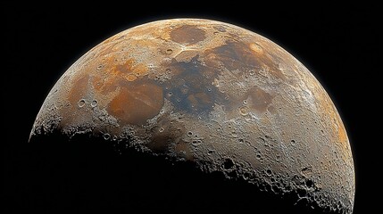Detailed view of the moon surface showing craters and textures against black background.