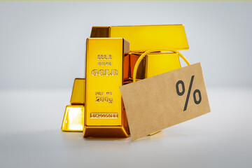 gold bars and percent icon, sign on grey background.