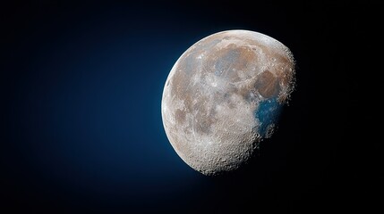 Crescent moon in dark blue and black sky.