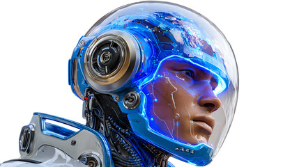 Cyberpunk Astronaut: A futuristic astronaut, their visage and helmet aglow with dynamic blue light, embodies the spirit of exploration and technological advancement.