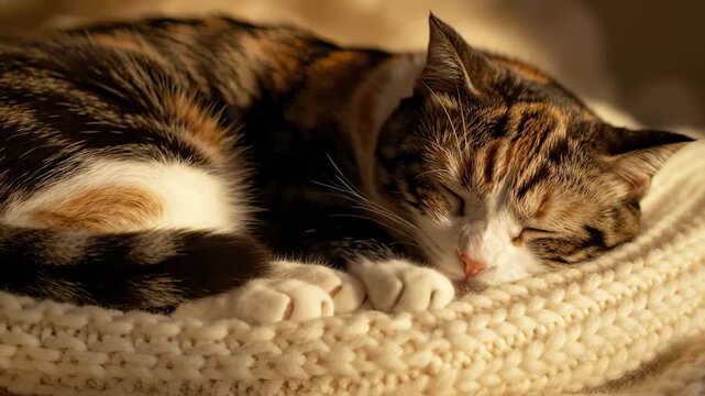 Cute Calico Cat Sleeping Curled Up Comfortably on a Knitted Blanket