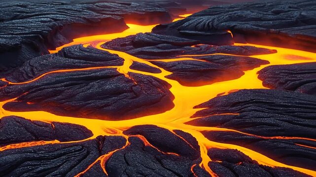 Fiery Molten Lava Flowing Through Dark Volcanic Rock Landscape magma volcano Ultra Realistic Cinematic Stock Footage  4K UHD Professional Royalty Free Video