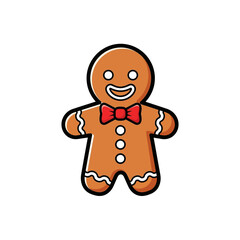A cartoon gingerbread man with a red bow tie and three buttons, isolated on a white background.