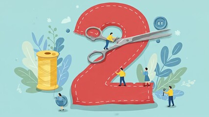 Stylized illustration of miniature figures tailoring a large number "2" with scissors