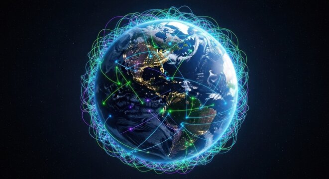 A globe with glowing lines and cities lit up, representing global connectivity and technology.