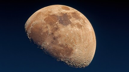 Waxing gibbous moon with visible craters against a dark blue sky.