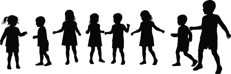 Silhouette of group of children walking and playing together, teamwork, friendship, childhood joy, outdoor activity, happy kids illustration design