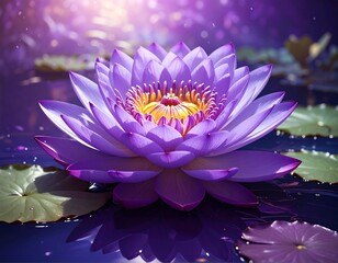 Close-up of a blooming purple flower on water with green lily pads