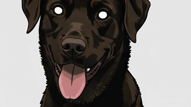 Smiling, digitally rendered, dark coated labrador retriever with bright white eyes