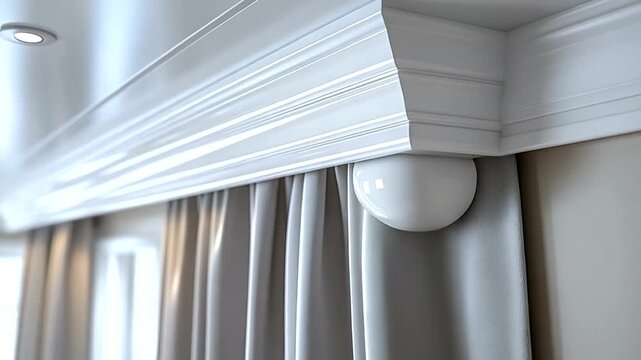 Elegant interior design with curtains and ceiling detail