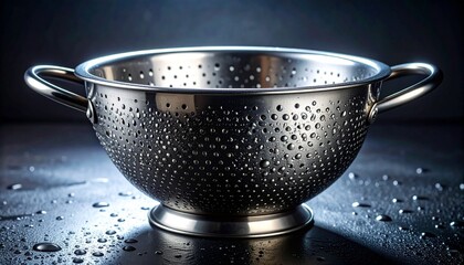 Shiny Metal Colander with Water Droplets on Dark Background.