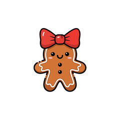 Cute gingerbread woman with a red bow on her head, smiling, and decorated with white icing.