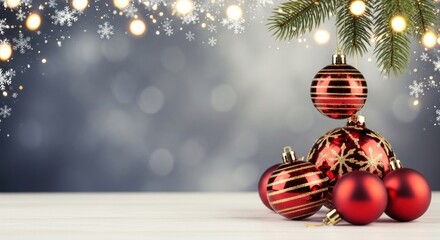 Christmas baubles and pine branches on a white table against a bokeh background with snowflakes.