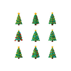 A collection of nine decorated cartoon Christmas trees with colorful ornaments and stars on a white background.