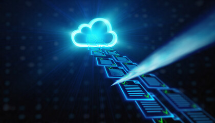Fototapeta premium The Download Stream. A stream of verified documents is flowing out of the cloud and moving towards the viewer representing a secure download. The background is a dark blue gradient. 