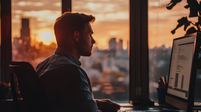 A man in silhouette working on a computer in an office, looking out the window at the sunset over a city. - Powered by Adobe
