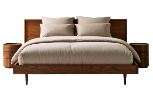 Modern wooden bed with headboard and matching round nightstands isolated with transparent background