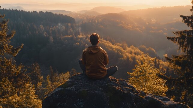 A man sits in a meditative pose on a rocky clifftop, looking out at a panoramic view of a valley covered in lush green forest with a misty sunrise in the distance.