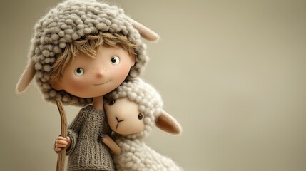 Young shepherd boy and sheep with soft wool.
